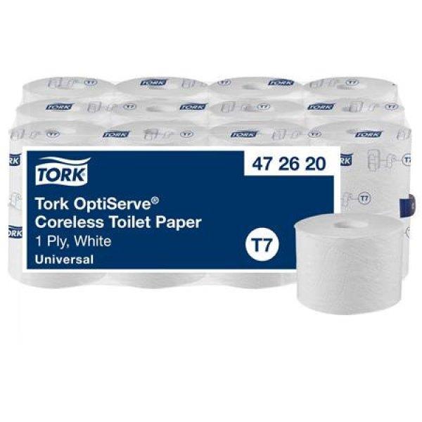 Toalettpapír, belsőmag nélküli, T7 rendszer, 1 rétegű, 13,1 cm átmérő,
Universal, TORK "OptiServe", fehér