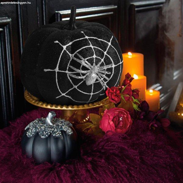 Halloween-i tök dekoráció - fekete glitteres - pókhálóval - 15 cm