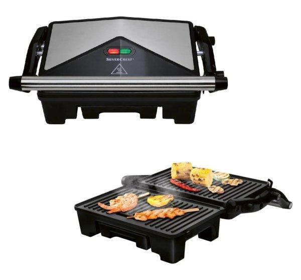 SilverCrest SKM 1000 A1 1000W elektromos grillsütő, 180°-ban nyitható mini
kontaktgrill, asztali grill, 23 x 14.5 cm ILAG Ceralon kerámia bevonattal, inox
- fekete kontakt grill