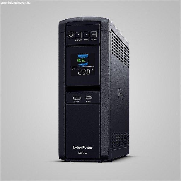 CYBERPOWER UPS gaming, 6xSCHU,2xUSB 1350VA 810W, 230V, színuszus szünetmentes
tápegység,LINE-INTERAKTÍV, AVR, színes LCD