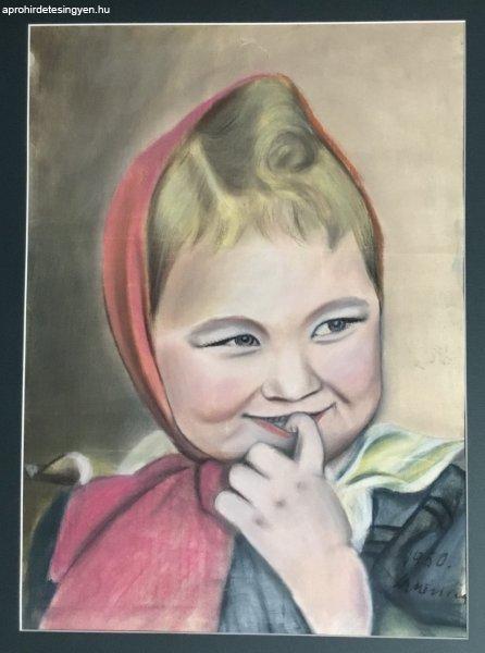 Olvashatatlan jelzéssel: Kislány portréja, pasztell, papír, 1950. 57,5×41,5
cm