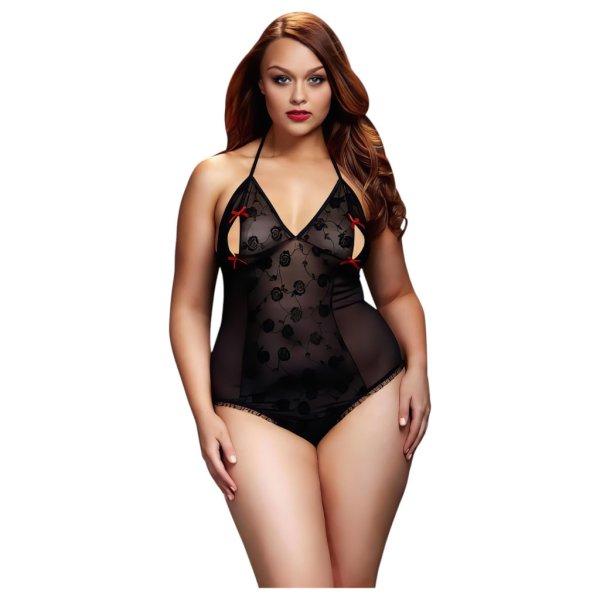 / BACI Plus Size - nyakpántos, áttetsző body- fekete (XL-XXL)