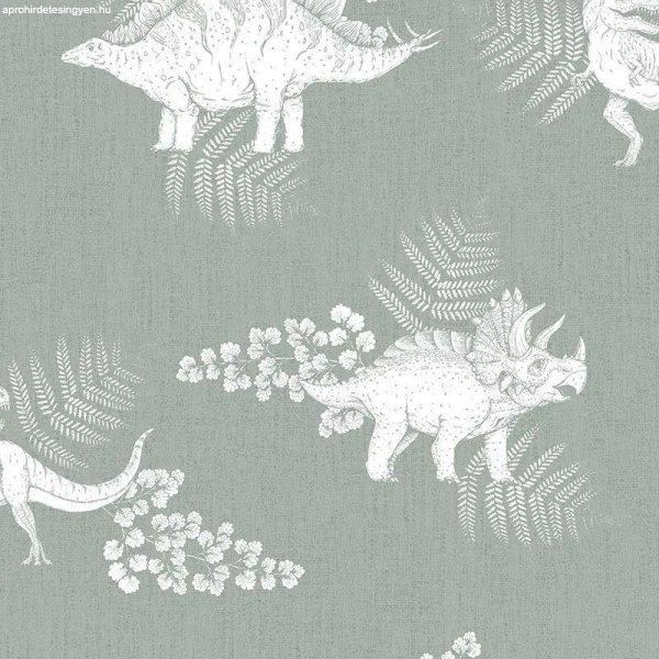 Zöldesszürke-fehér dinoszaurusz mintás tapéta KOD45801