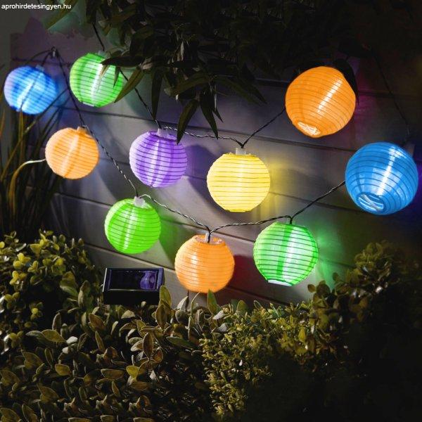 Szolár lampion fényfüzér - 10 db színes lampion, hidegfehér LED - 2,5 m