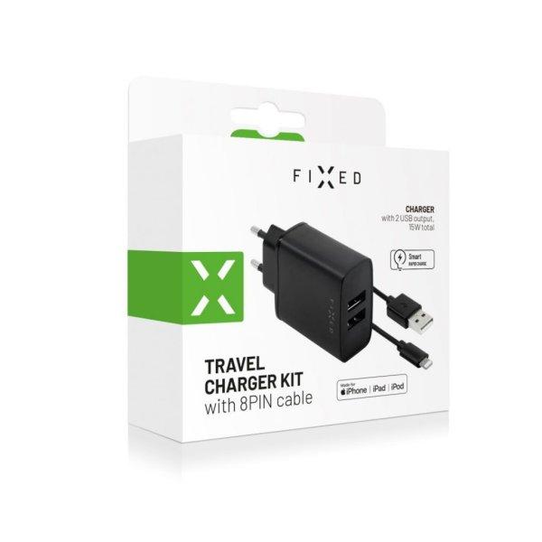 FIXED hálózati telefontöltő, 2 USB kimenet, USB/Lightning 1 m-es MFI kábel
a csomagban, 15W Smart gyorstöltés, fekete