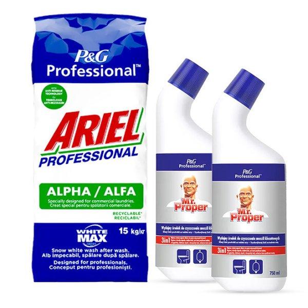 Ariel Alfa Whitemax mosópor 15 kg + Ajándék Mr. Proper WC tisztító 750 ml
(2db)