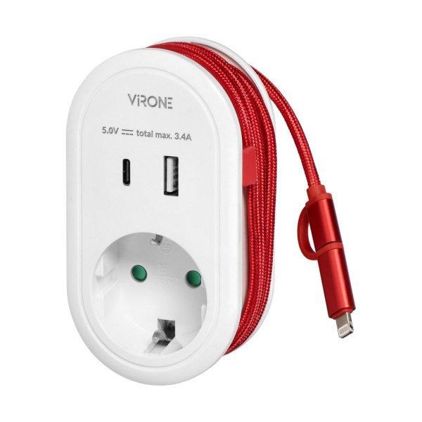 Virone hálózati elosztó adapter, telefontöltő schuko + USB A+C, USB C +
lightning kábel