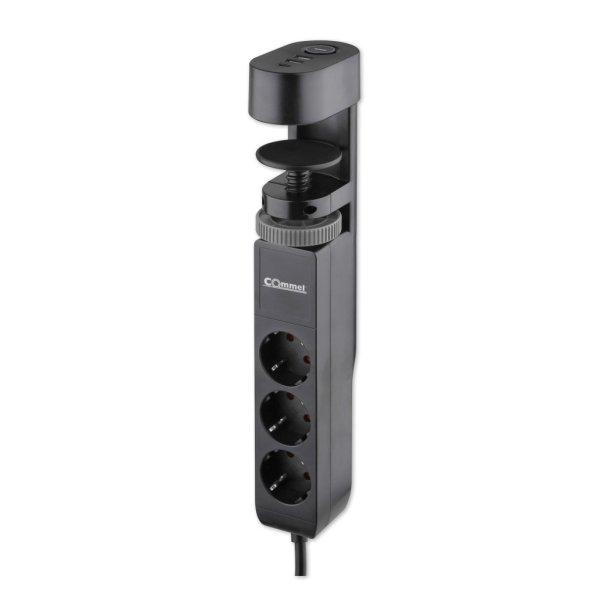Commel asztalhoz rögzíthető elosztó, 3 db aljzat, USB A+C fekete 16A 3680W