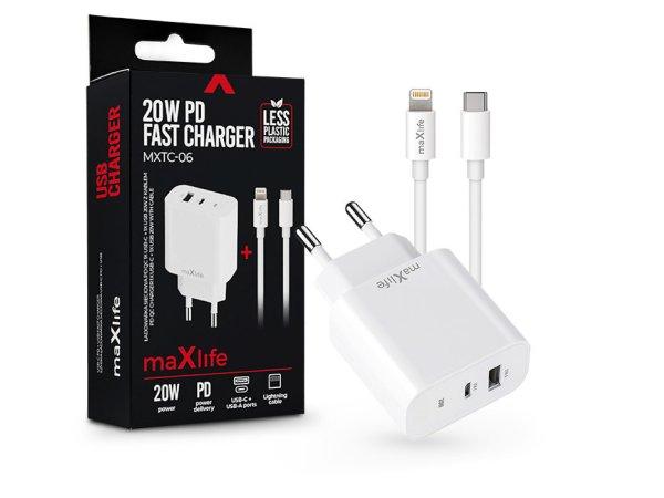 Maxlife MXTC-06 PD+QC 20W gyorstöltő adapter USB + Type-C + Type-C/Lightning
kábel - fehér