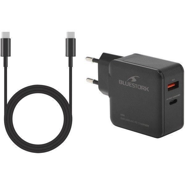 Bluestork Hálózati töltő - PW-BS-65-GAN-C-A (USB-C, USB-A, 65W, 1,8m kábel,
gyorstöltés, fekete)