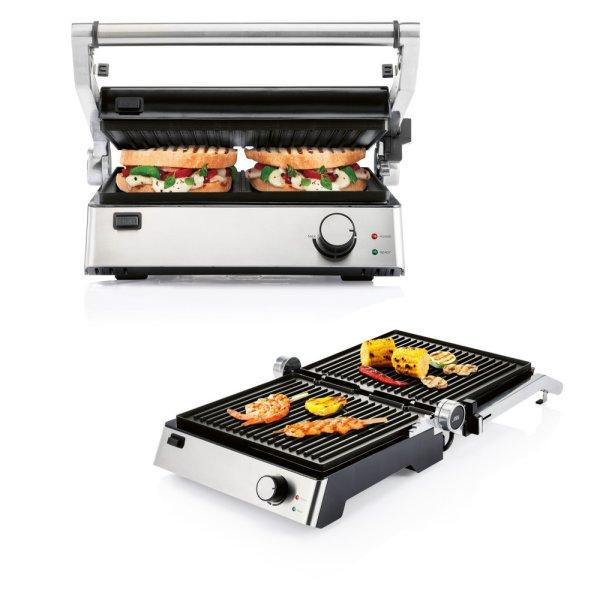 SilverCrest SKGE 2000 D3 inox nemesacél kontaktgrill, 2000W kontakt grill,
grillsütő, 30 x 26 cm kivehető sütőlapokkal