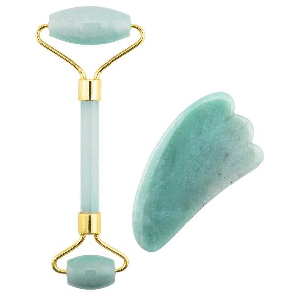 Palsar 7 Arcmasszírozó henger és Guasha jádéit
ásvány masszírozó (Green Aventurine Jade Roller & Gua Sha
Set)