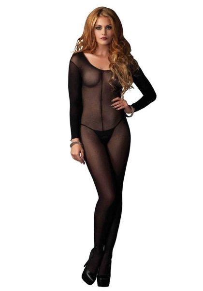  728297 Sheer Long Sleeves Bodystocking O/S Black 