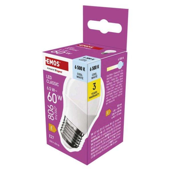 EMOS ZQ6E44, LED izzó Classic Mini Globe / E27 / 6,5 W (60 W) / 806 lm / Hideg
fehér