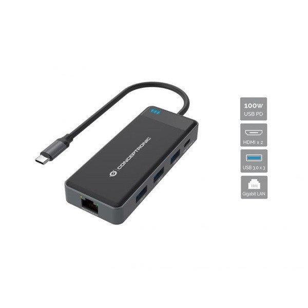 Conceptronic Notebook Dokkoló - DONN14G (Bemenet: USB-C, Kimenet: 2xHDMI+USB-C
PD:100W+3xUSB-A+RJ-45, fekete)