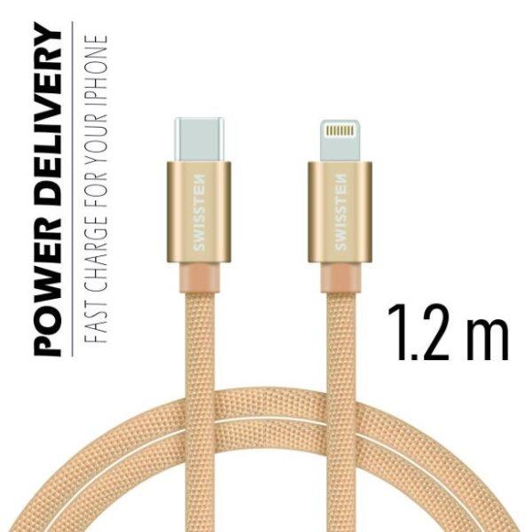 Adatkábel Swissten textil s USB-C + Lightning konnektorral és gyorstöltés
támogatással 1,2 m, arany