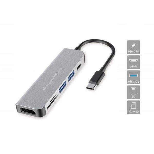 Conceptronic Notebook Dokkoló - DONN02G (USB-C to HDMI+USB-C
PD:60W+USB-A+SD/TF, szürke)