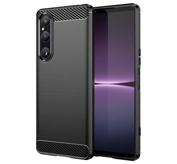 Szilikon telefonvédő (közepesen ütésálló, légpárnás sarok,
szálcsiszolt, karbon minta) FEKETE Sony Xperia 1 V (XQ-DQ72)