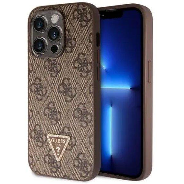 Guess PU 4G Strass Triangle Metal Logo Hátlapi tok iPhone 15 Pro számára,
barna