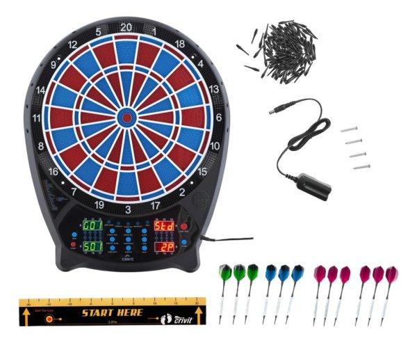 Crivit PK elektromos darts tábla 4 db világító LED kijelzővel, 3x4 dart
szettel, hálózati adapterrel 100 pótheggyel (piros-kék)