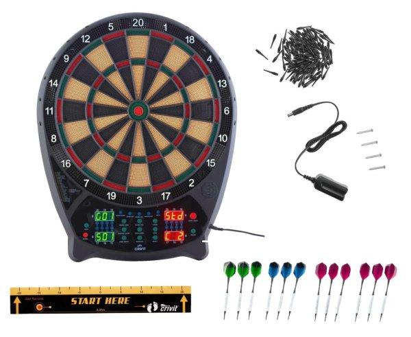 Crivit FS elektromos darts tábla 4 db világító LED kijelzővel, 3x4 dart
szettel, hálózati adapterrel 100 pótheggyel (fekete-sárga)