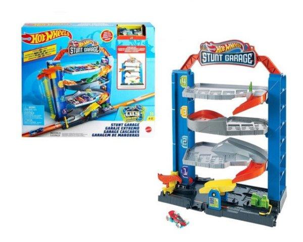 Mattel Hot Wheels Stunt Garage 4 szintes, hordozható, műanyag trükkös
garázs, parkoló lifttel, kaszkadőrgarázs pályaszett 1 db kisautóval (GNL70
)