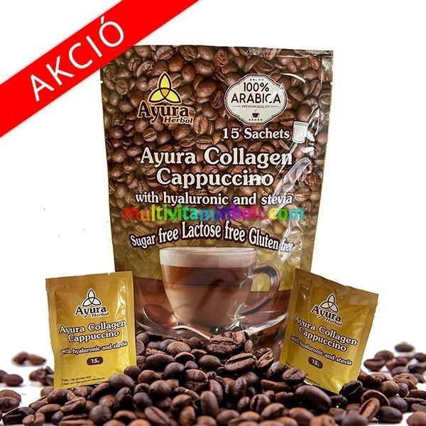 Ayura Herbal Kollagén Cappuchino, instant, 15 tasak, Stéviával édesített
és növényi pálmatejjel készült