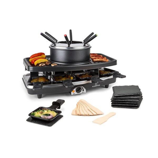 Klarstein Entrecote, 2 az 1-ben raclette grill fonduevel, 1100 W, természetes
kő, 8 személyre, alátétek