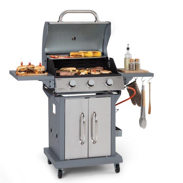 Klarstein Lucifer 3, gázgrill, 3 x 3,6 kW-os égő, 60 x 45 cm-es grill,
rozsdamentes acél, mozgatható