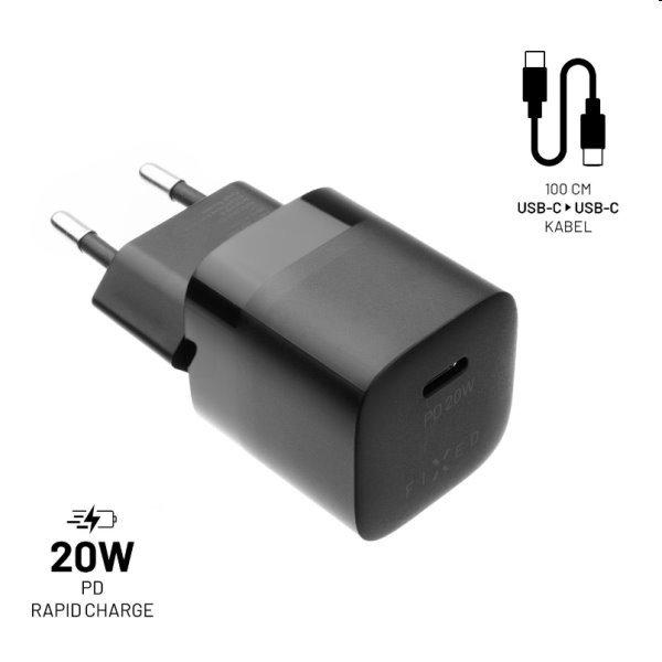 FIXED Set mini Hálózati töltő USB-C kimenettel és USB-C/USB-C kábel 1m,
PD, 20W, fekete