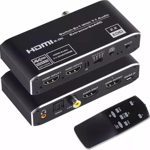 4K HDMI Switch 2 port 2 in 1 Out HDMI2.0b Switcher Audio Extractor eARC 7.1 CH
optikai Toslink HDCP2.3 csatlakozóval