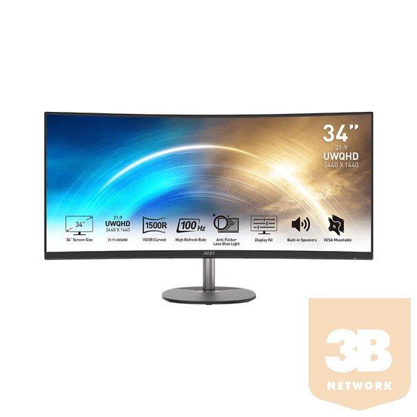 MSI PRO MP341CQ Ívelt Monitor 34" QHD, 3440x1440, 100Hz VA 21:9, 3000:1
CR, 300cd/m2, 4 ms, HDMI, DP, Fekete