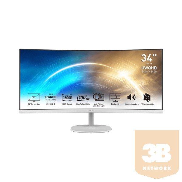 MSI PRO MP341CQW Ívelt Monitor 34" QHD, 3440x1440, 100Hz VA 21:9, 3000:1
CR, 300cd/m2, 4 ms, HDMI, DP, Fehér