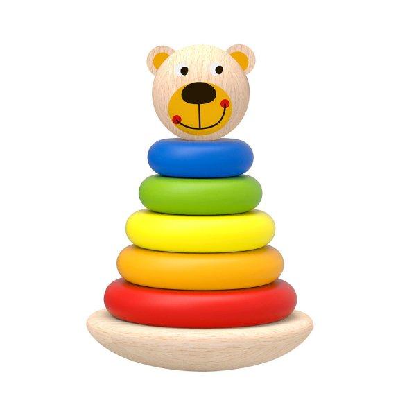 Tooky Toy Montesszori toronyépítő fa játék - Maci - Színes karikákkal