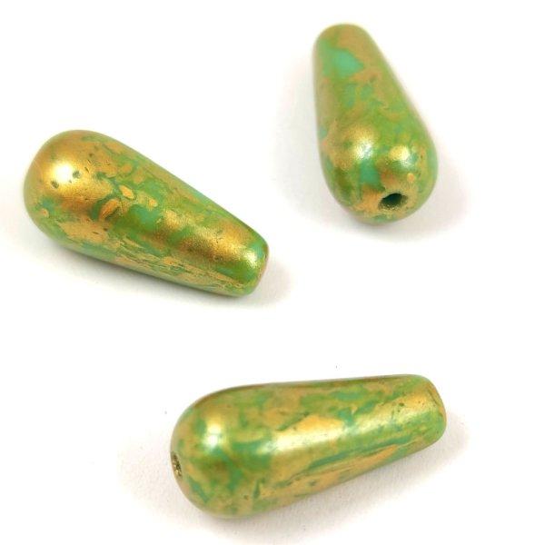 Cseh préselt csepp gyöngy - Turquise Blue Gold Splash - 20x9mm (hosszában
fúrt)