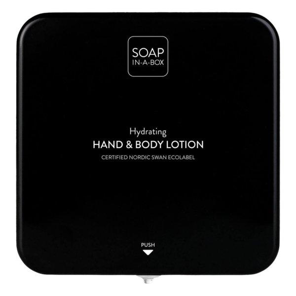 Soap-In-A-Box fényes fekete kéz- és testápoló adagoló, előlap