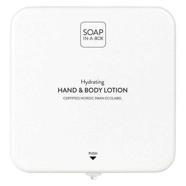 Soap-In-A-Box fényes fehér kéz- és testápoló adagoló, előlap