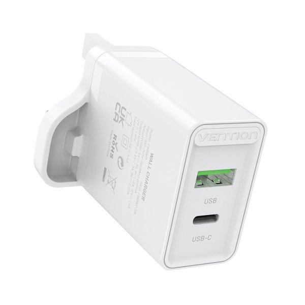 TÖLTŐ USB-A+C (2port, 18W/20W,fehér, UK csatlakozó), Vention