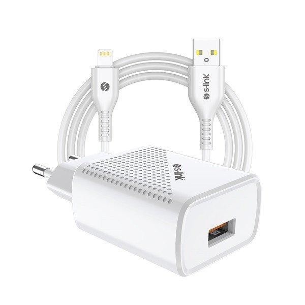 S-Link Hálózati töltő - SL-EC40L (1db USB, 5V/2.4A, 12W, Gyorstöltés,
Lightning-USB 100cm adat+töltőkábel, fehér)