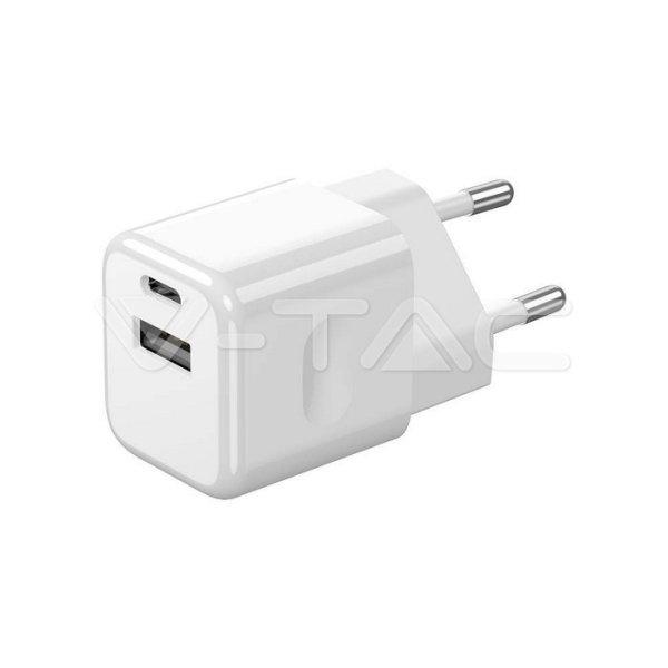 20W Töltőadapter 1PD + 1 QC porttal, fehér színű (V-TAC)
