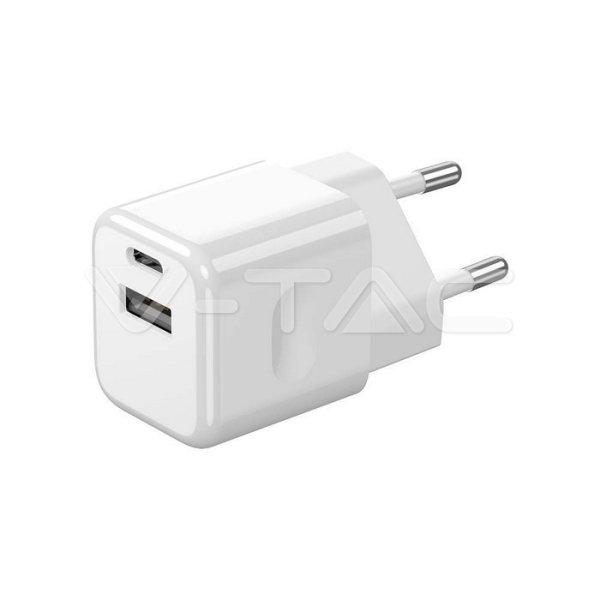 30W Töltőadapter 1PD + 1 QC porttal, fehér színű (V-TAC)