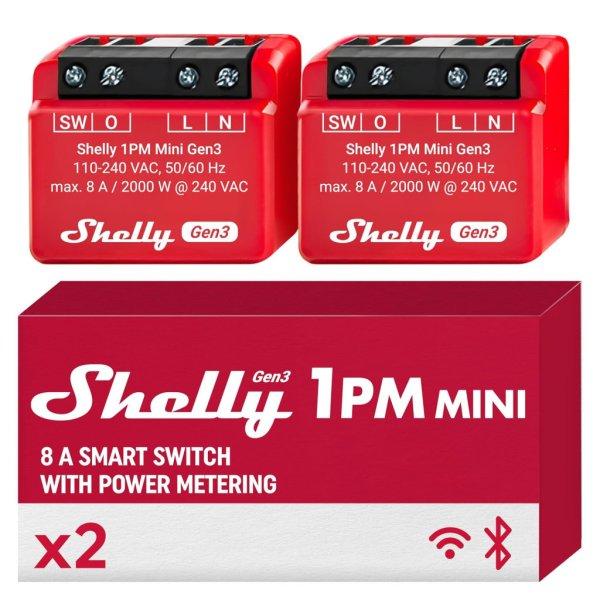 Shelly 1PM Mini Gen3 | WiFi és Bluetooth intelligens kapcsoló relé, 1
csatornás 8A teljesítményméréssel (2 db)