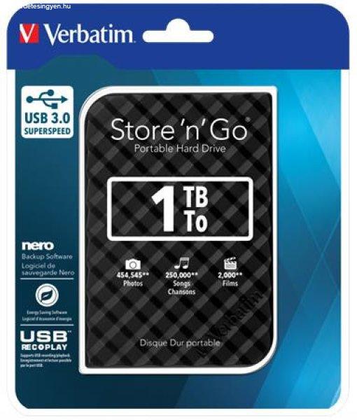 2,5" HDD (merevlemez), 1TB, USB 3.0, VERBATIM "Store n Go",
fekete