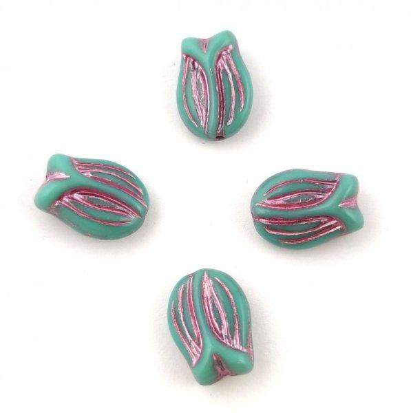 Cseh üveg gyöngy - hosszában fúrt tulipán alakú - Turquoise Green Violet -
16x11mm