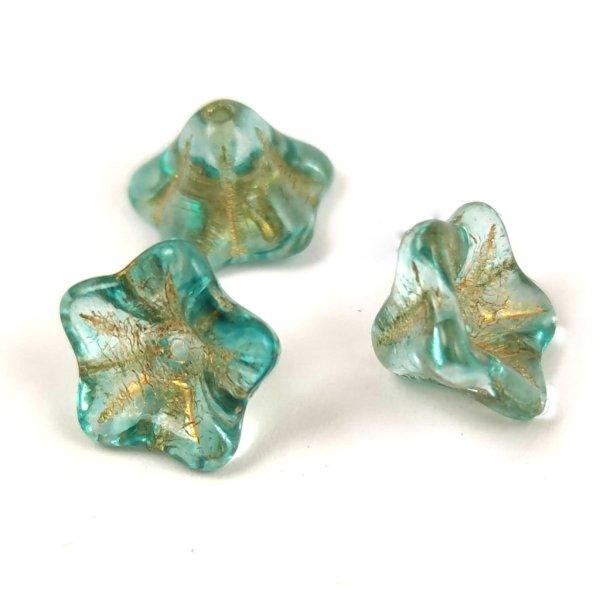 Cseh préselt virág gyöngy - harangvirág - Crystal Gold Aqua - 8x13mm