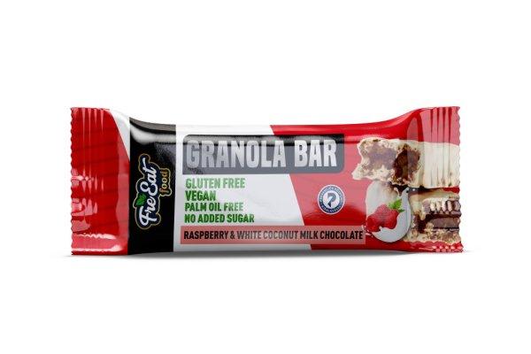 Freeat food granola bar málnás granolás szelet kókusztejes fehér
csokoládéval mártva, édesítőszerekkel 50 g