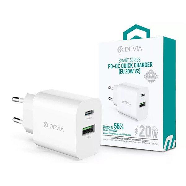 DEVIA ST38524 HÁLÓZATI TÖLTŐ ADAPTER TYPE-C + USB BEMENETTEL - 20W - SMART
SERIES PD3.0 + QC3.0 QUICK CHARGER V2 - FEHÉR