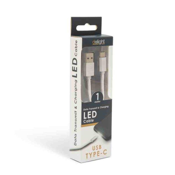 Delight 55442C-WH USB Type-C Adat- és Töltőkábel, 1 m, Fehér, LED Fénnyel