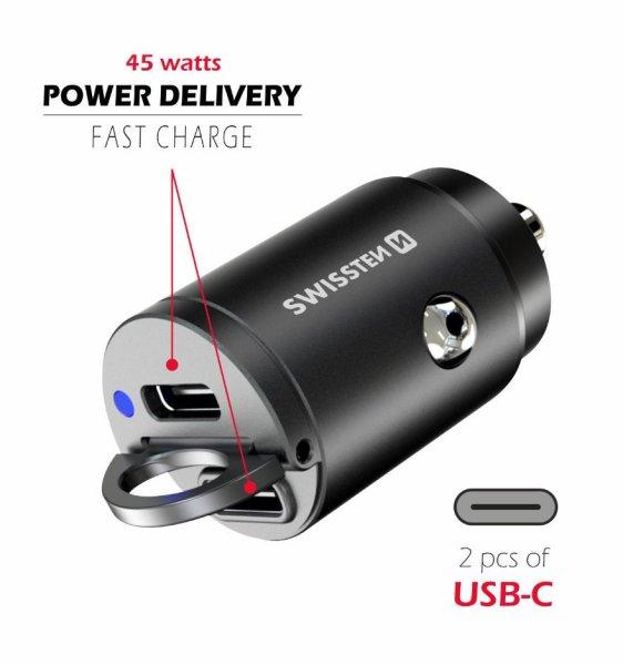 USB-C adapter 2x (Power Delivery 45W, fekete) | Swissten