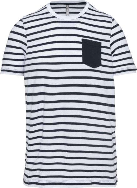 Gyermek matrózcsíkos pamut póló zsebbel, Kariban KA379, Striped
White/Navy-12/14
